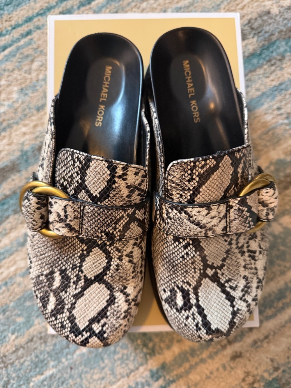 Michael Kors Jaden Clog Mules Snake Print leather with Gold Buckle - Picture 3 of 10